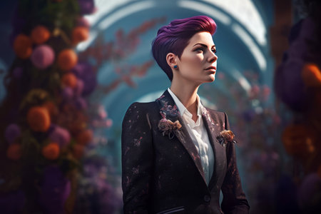 Hips skinny woman in purple outfit. Female model portrait in classical violet costume. Generate aiの素材