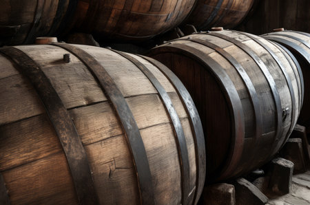 Aged wooden barrels. Original and capacity object with different beverage. Generate AIの素材