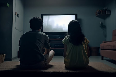 Back view teenage Indian girl and boy watching tv. Leisure movie time children room. Generate aiの素材