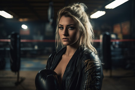 Beautiful balayage hair blonde fighter. Athletics fitness lady martial arts exercise. Generate aiの素材