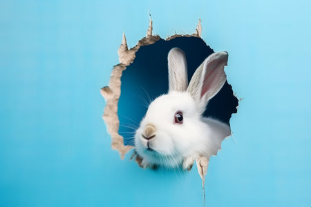 White bunny appears from building blue gap. Adorable fluffy rabbit looking through hole. Generate aiの素材