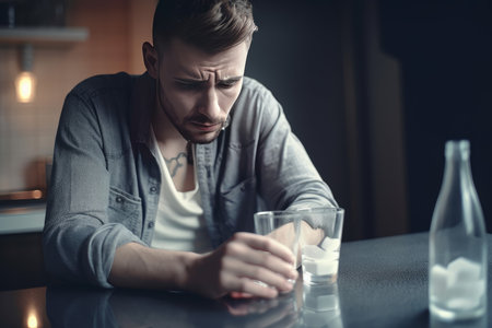 Depressed man glass water antidepressant pill. Unhappy and alone guy with blue clothes. Generate AIの素材