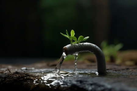 Faucet grows ground. Beautiful and worker metal tap with clear water. Generate AIの素材
