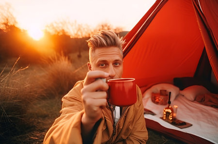 Male influencer posing. Young man with cup drinks red tent and sunshine. Generate AIの素材