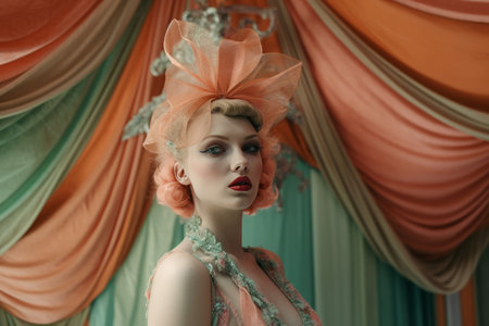 Woman vintage style model with bow in her hair. Against background of beautiful green and orange fabrics. Generate Aiの素材