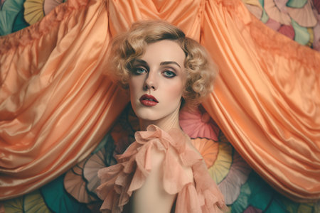 Blonde woman model vintage style with retro makeup. Short hair, dress with ruffles on bright background. Generate Aiの素材