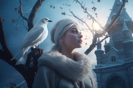 Snow queen with bird in moonlight. Fantasy majestic frozen queen in furry cloak. Generate aiの素材