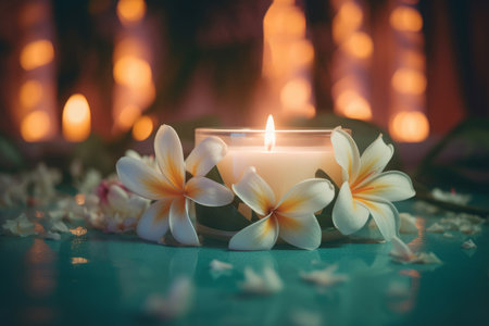 Spa fragrant flower and burning candles decoration. Luxury aromatherapy wellness treatment warm ambiance. Generate aiの素材