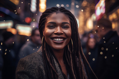 Street photography happy Nubian female model. Cheerful afro woman urban lighting streetwise. Generate aiの素材
