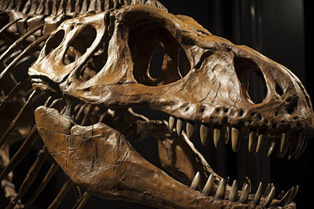 Dinosaur skeleton head. Prehistoric ancient gigantic Jurassic animal skull. Generate aiの素材