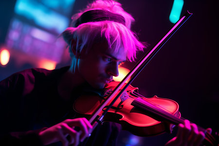 Musician man playing violin on neon lights. Male performer with classical musical instrument. Generate aiの素材