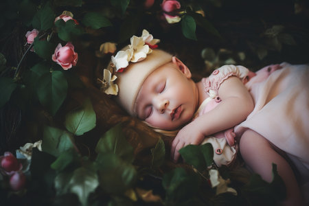 Newborn girl sleeping in green leafy plant. Cute infant sleep innocence portrait. Generate aiの素材
