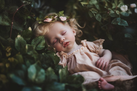 Infant girl baby sweet sleeping in green nature. Little cute innocent newborn naptime portrait. Generate aiの素材