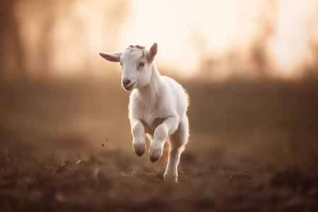 Jumping cute little goat on farmland. Playful farming pasture little pet. Generate aiの素材