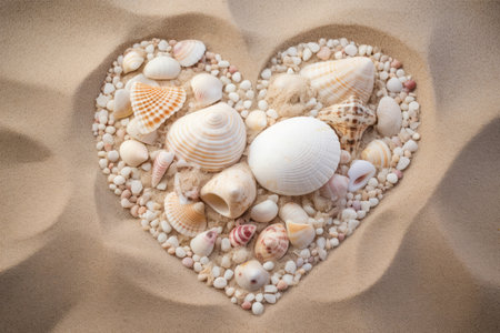 Composition of seashells on beach sand. Seashore of clams in shape of heart, message of love. Generate Aiの素材