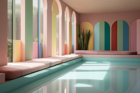 Decorative swimming pool with clear clear water. Modern design, arched arches, large plants. Generate Aiの素材