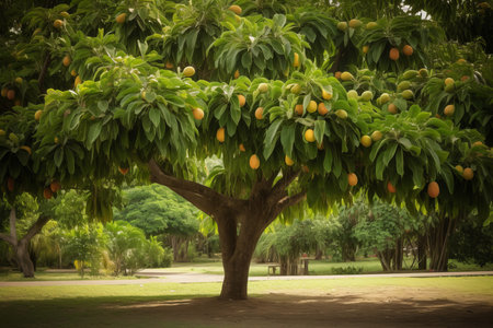 Mango tree in park. Tropical fresh fruits natural garden crops. Generate aiの素材