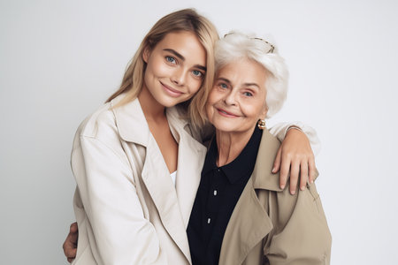 Grandmother with lady grandchild studio portrait. Tender familial bonding womanly relationship. Generate aiの素材