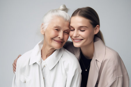 Female generation bonding studio portrait. Warm familial feminine embrace relationship. Generate aiの素材