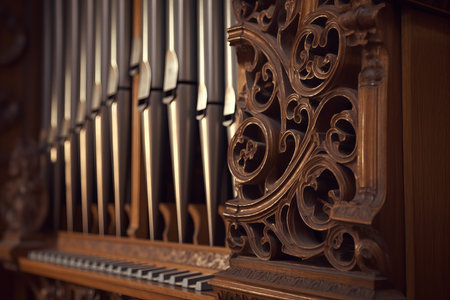 Organ classic orchestral cathedral details. Musician orchestra instrumentality piano equipment. Generate aiの素材
