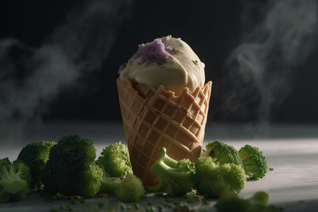Wafer ice cream cone with broccoli on table. Veggie gelato crunchy detox dessert. Generate aiの素材
