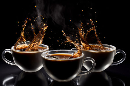 Glass cups coffee. Warm and delectable brown liquid with grey smoke. Generate AIの素材