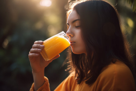 Woman drinking orange juice. Adorable and fashion girl with transparent glass beverage. Generate AIの素材