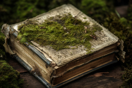 Ancient book moss. Nature green ancient grove park. Generate Aiの素材