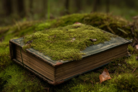 Ancient book moss on soil ground. Path trees landscape wood forest plant. Generate Aiの素材