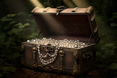 Ancient chest pearls wood wealth. Small full golden lock safe. Generate Aiの素材