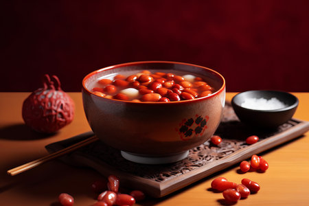 Chinese red bean soup on wooden stand. Japanese traditional soup with meat and spices. Generate Aiの素材