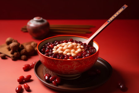 Spicy Asian beans in beautiful plate. Chinese soy soup with sauce, wooden spoon. Generate Aiの素材