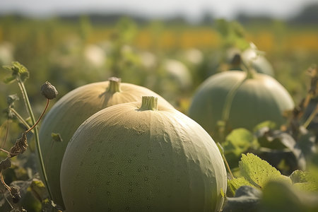Raw green musk melons on sunlit farmland. Cantaloupe growth field summertime harvest. Generate aiの素材