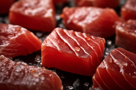 Raw red tuna meat steaks. Natural dietary seafood fish fillet slices closeup. Generate aiの素材