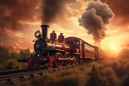 Vapor punk locomotive railway 19th period. Vintage steam system train historical heritage. Generate aiの素材