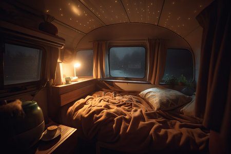 Cozy mobile home interior rainy night. Indoor living space caravan camper. Generate aiの素材
