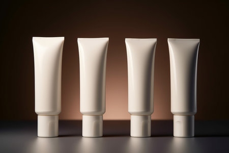 White identical cream tubes in a row. Cosmetic hygiene lotion tubular holders. Generate aiの素材