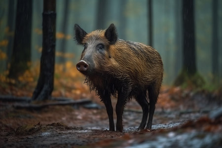 Wild boar in misty forest. Wildlife brown piglet animal in woodland. Generate aiの素材