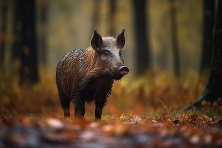 Wild boar in autumnal forest. Wildlife mammal pig woodland fauna. Generate aiの素材