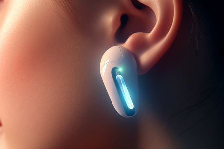 Closeup woman headset ear. Female with wireless earbuds accessory. Generate aiの素材