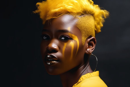 Vogue afro woman with yellow colored hair portrait. Radiant chic female model yellowish hairdo. Generate aiの素材