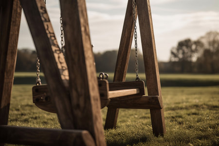 Wooden swings in field. Outdoor relaxation leisure timber hanging seat. Generate aiの素材