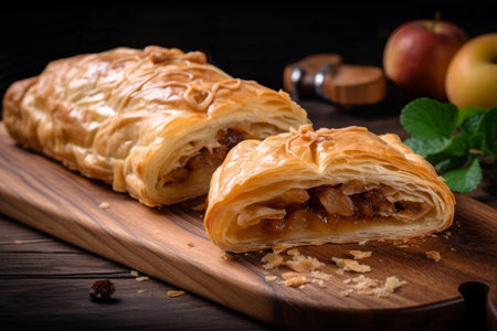 Apple strudel pastry. Sweet delicious homemade bakery dessert on wooden board. Generate aiの素材