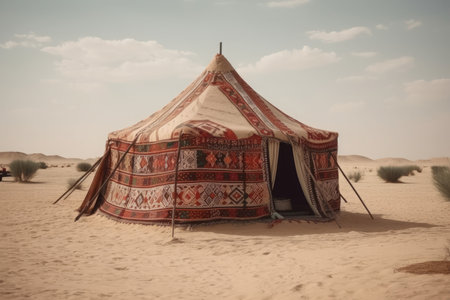 Arabian traditional tent in desert. Cultural native Arabic outdoor dune home. Generate aiの素材