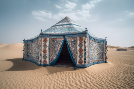 Arabian traditional camp tent in dune. Eastern native Bedouin camping desert home. Generate aiの素材