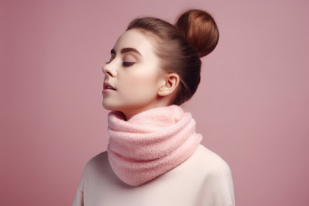 Beautiful young lady with cashmere scarf. Cute lovely woman wearing neck pashmina shawl. Generate aiの素材