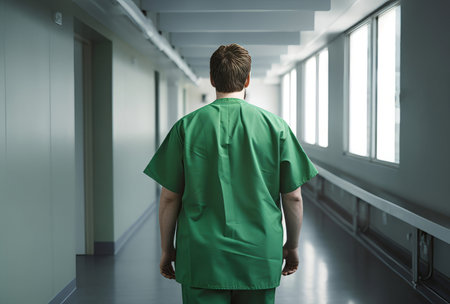 Doctor male nurse back view. Medical man practitioner on hospital hall. Generate aiの素材