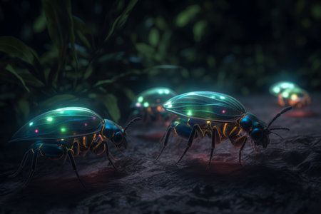 Colorful bugs walk. Interesting and wonderful beetles with bright lights. Generate AIの素材
