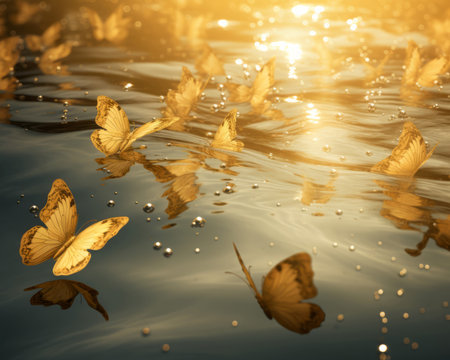 Golden butterflies on bright water surface. Yellow flitting creatures above pond aqua texture. Generate aiの素材