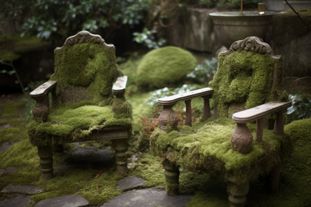 Moss covered garden old armchairs. Backyard antique wooden seat furniture with green grass peel. Generate aiの素材